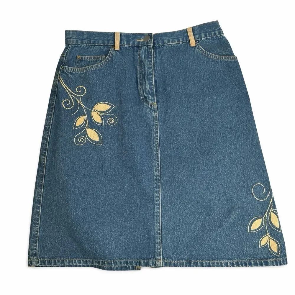 Style & Co Embroidered Denim Midi Skirt Yellow Floral Modest A-Line Skirt Size 1